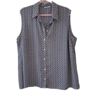 Tu Chic Geometric Patterned Sleeveless Blouse Blue Cream Size 22